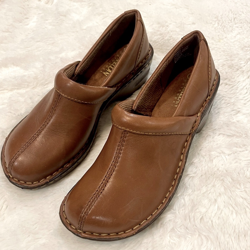 Magellan Brown tan leather slip on clogs/mules